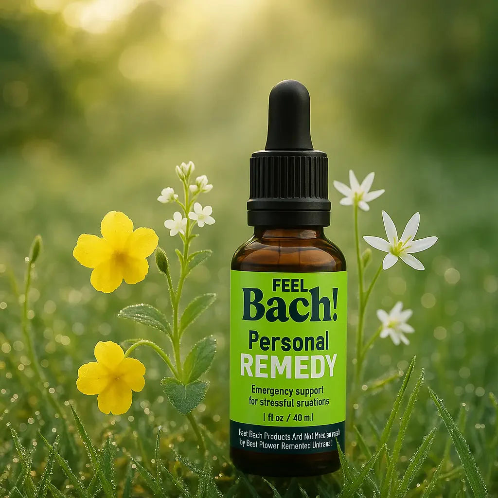 Elegant glass flower remedy bottle in a sunlit garden among dew-kissed wildflowers in the morning