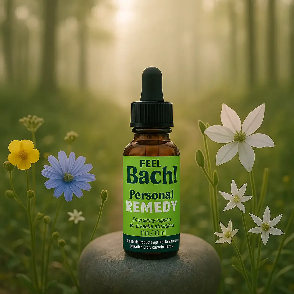 Serene woodland morning with wildflowers and Feel Bach glass dropper bottle on river stone