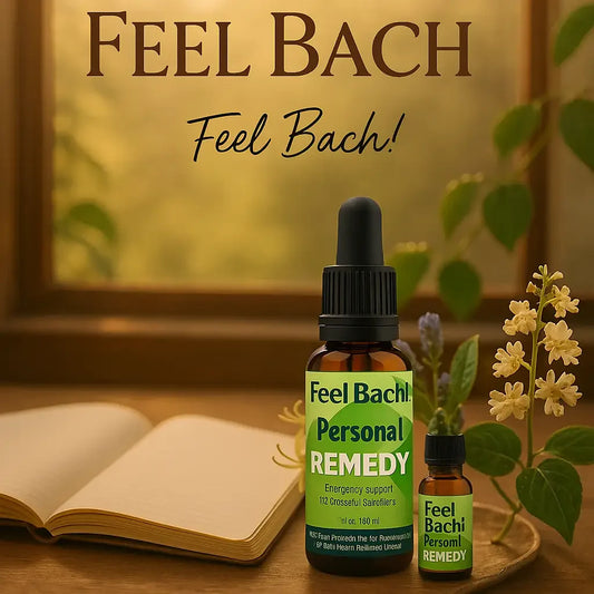 Serene dawn study with Feel Bach remedy, wildflowers, open notebook, and soft streaming sunlight