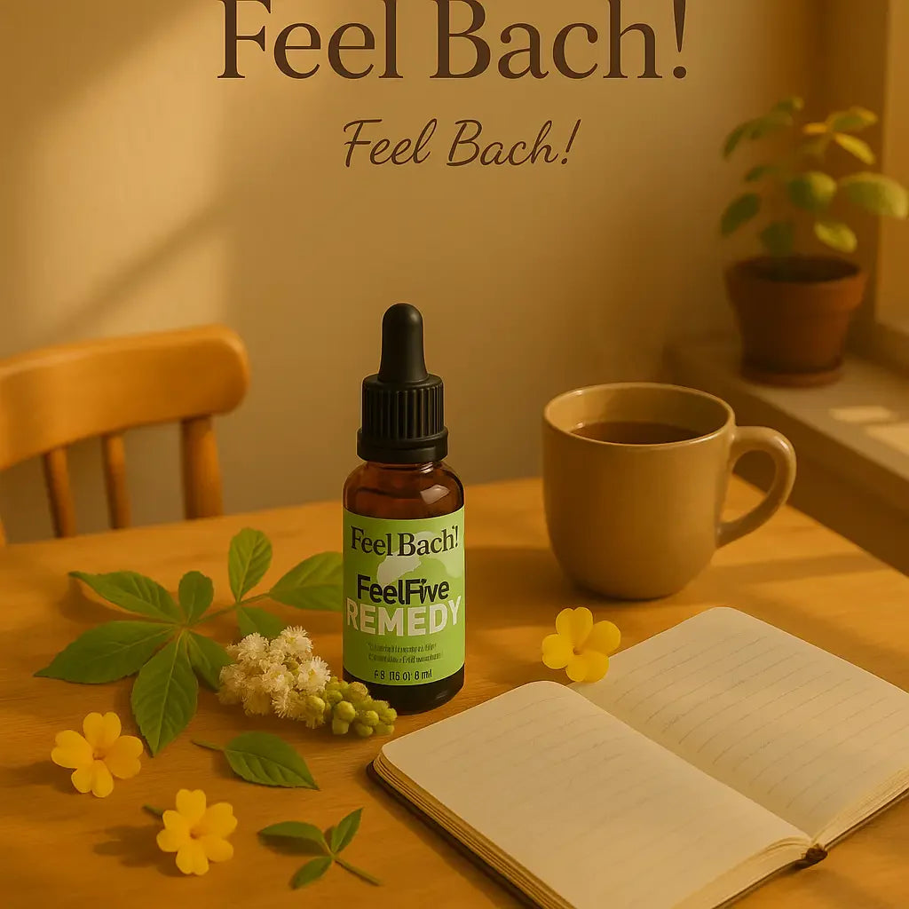 Serene sunlit study nook with wooden desk, flower remedy bottle, herbal tea, and spring flowers in warm morning light