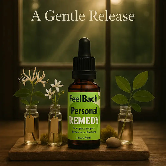 Serene woodland morning sunbeam lights wildflowers and a minimalist Bach bottle on a rustic wooden table