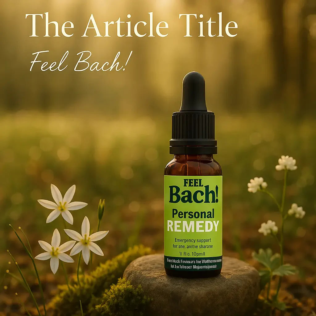 Feel Bach remedy bottle on stone in serene forest clearing with wildflowers at golden hour