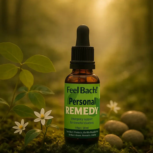 Handcrafted Walnut Feel Bach bottle nestled among walnut leaves, wildflowers, and stones in sunlit woodland setting