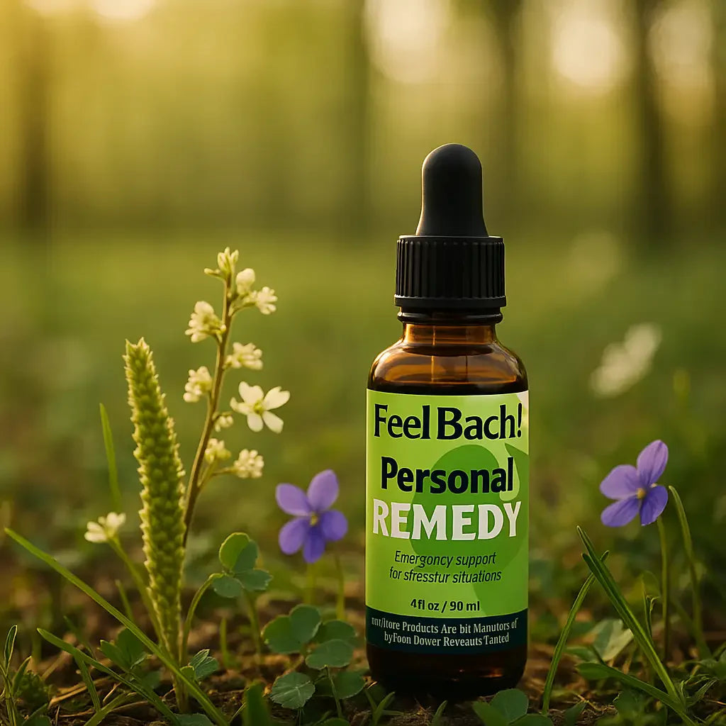 Glass dropper bottle labeled 'Feel Bach!' in sunlit woodland clearing with wildflowers at golden hour