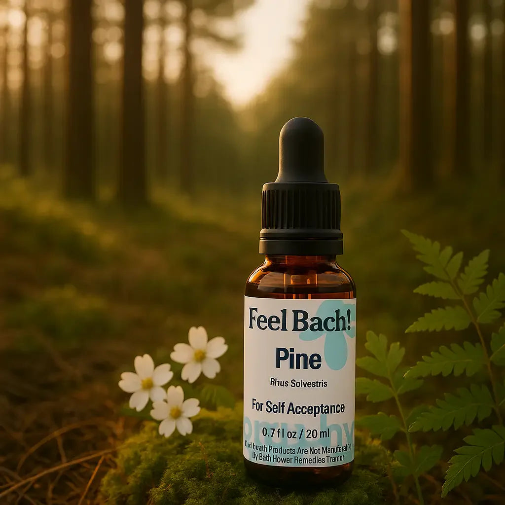Feel Bach flower remedy bottle on moss in a tranquil sunlit woodland glade with pine trees and white blossoms