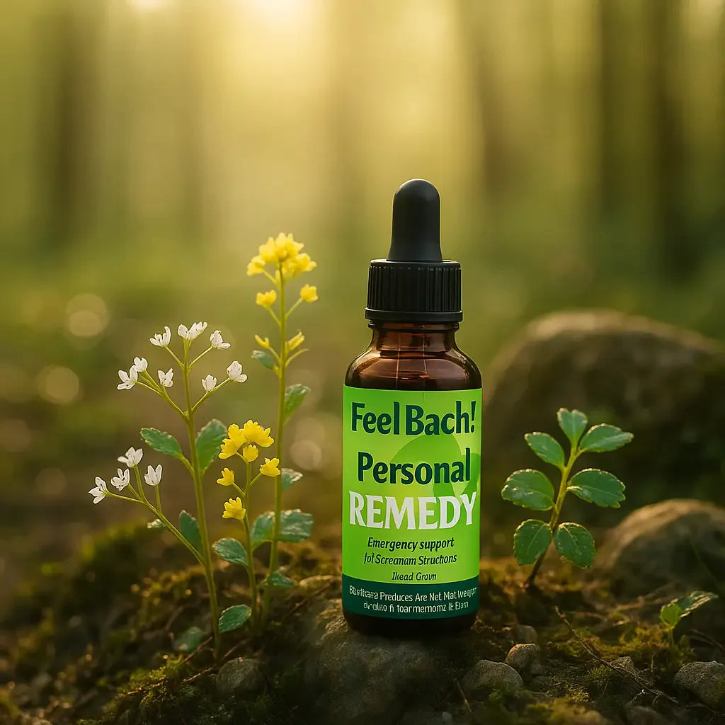 Serene woodland morning with dew-kissed Scleranthus, Mustard, Walnut, and a Feel Bach dropper bottle